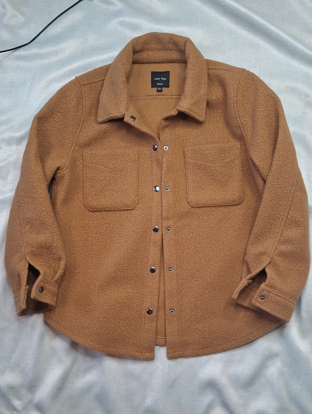 Love Tree Camel Brown Sherpa Fleece Snap Front Shacket Jacket Medium